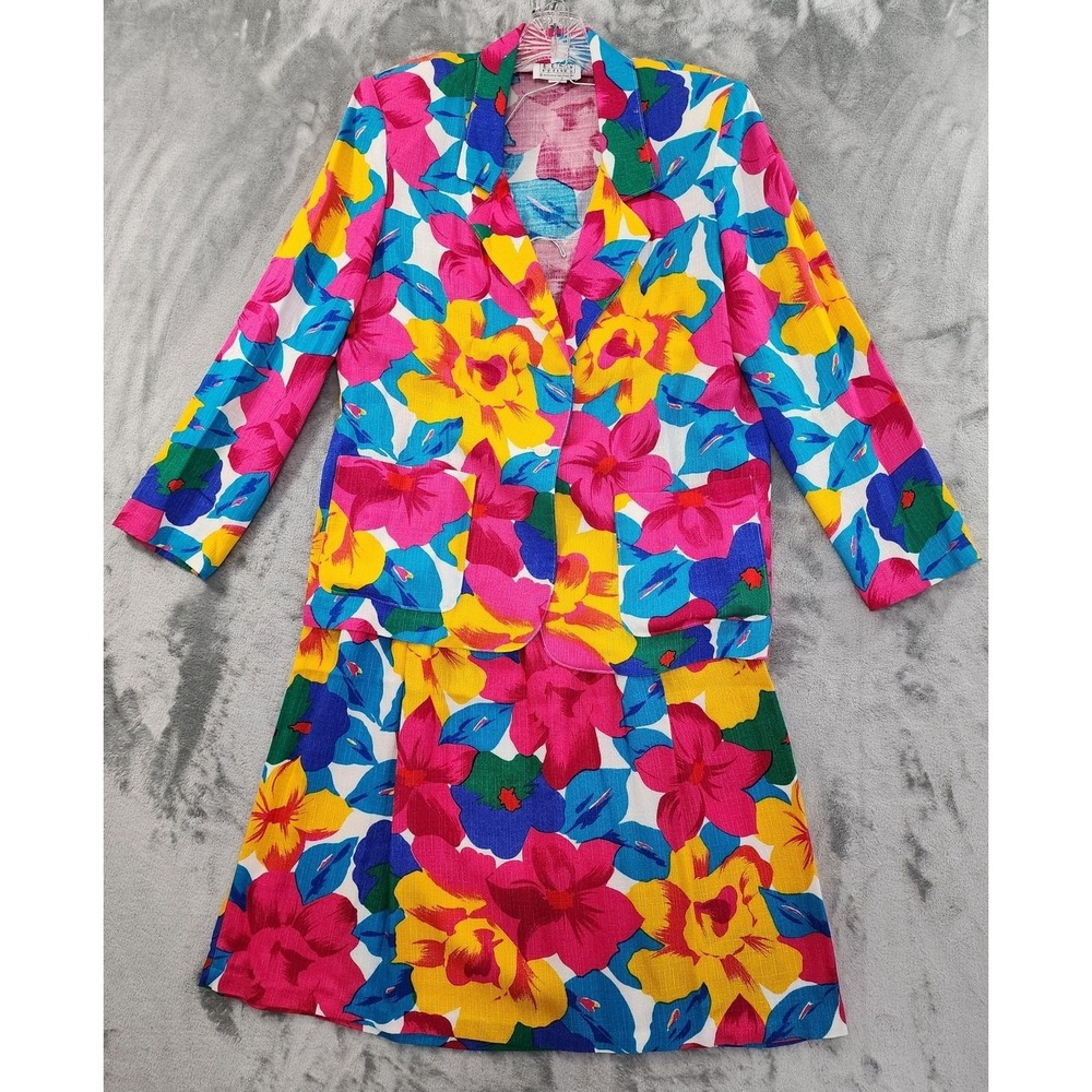 Vintage Russ Skirt Suit Womens M Vibrant Floral Yellow Pink Blue Pleated Preppy